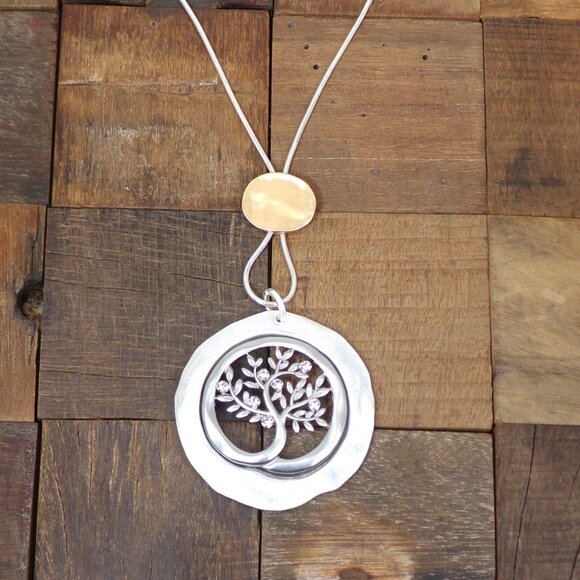 Tree of life large round pendant necklace with carved tree leaves center 2.65" - Picture 8 of 13